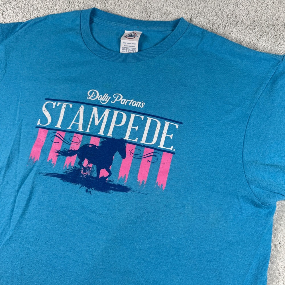 Dolly Parton Stampede T-Shirt HEAVY PILLING Blue Horse Graphic Tee Delta L Vtg